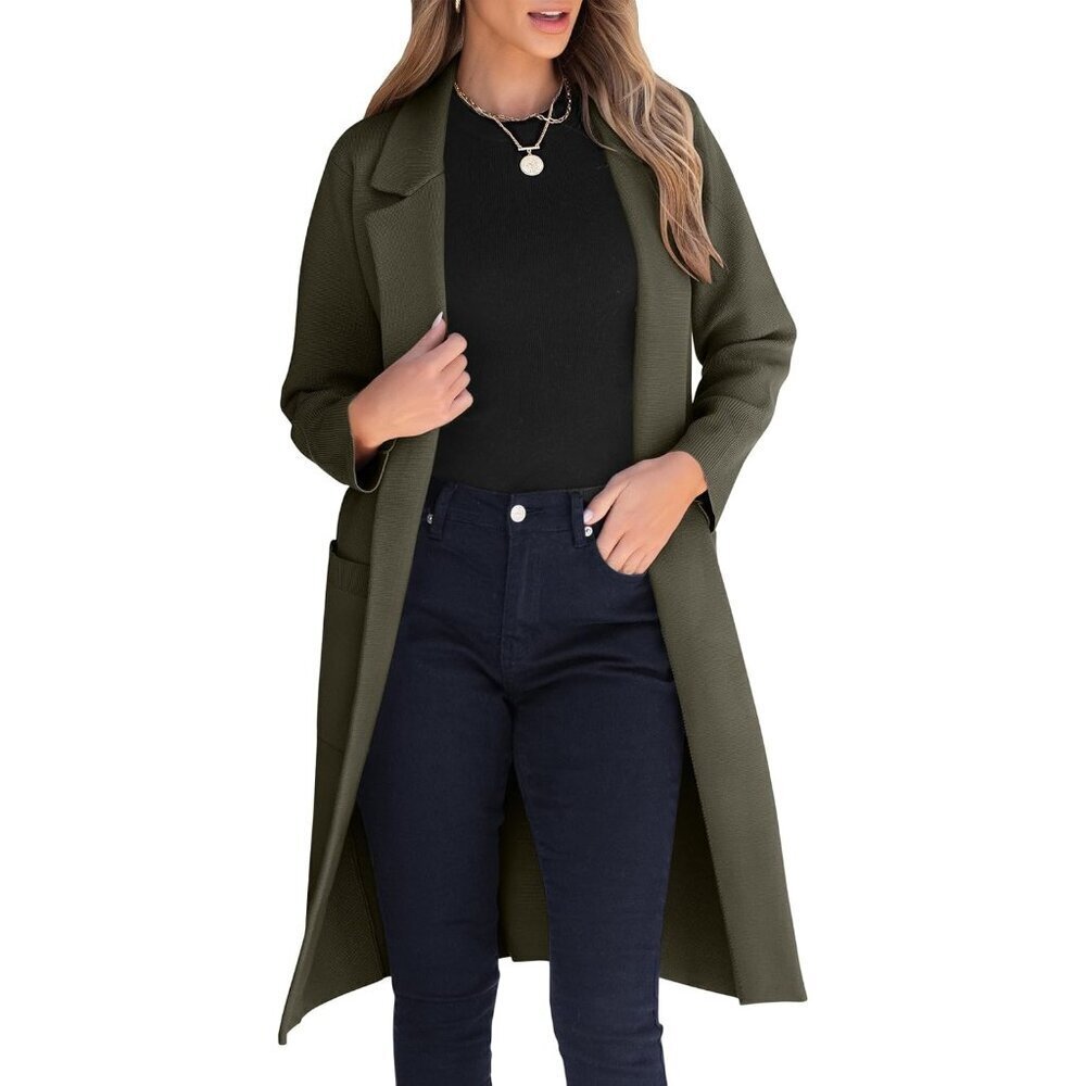 Womens Army Green Cardigan Sweater 2025 Fall Outfits Knitted Lapel Long Coats